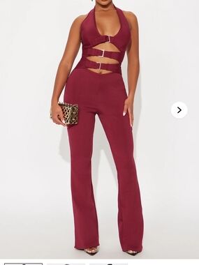 Fashion Nova Wine Halter Cutout Buckle Jumpsuit
